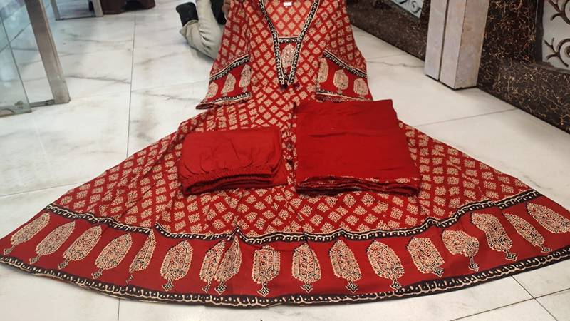 maroon printed cotton anarkali salwar suit set with dupatta