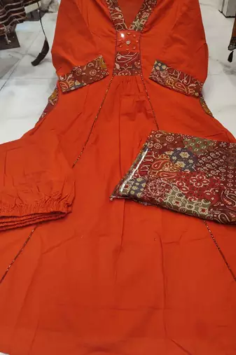 rust kalamkari print cotton straight kurta set