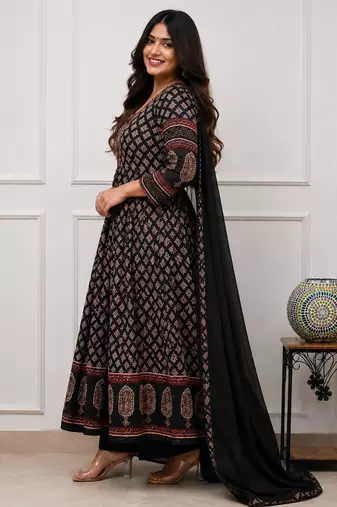 black and maroon ajrakh block print cotton flared anarkali kurta set with dupatta