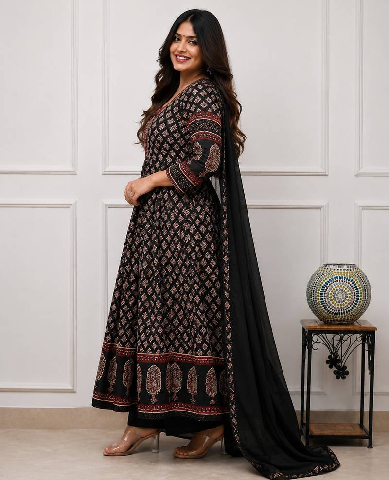 black and maroon ajrakh block print cotton flared anarkali kurta set with dupatta