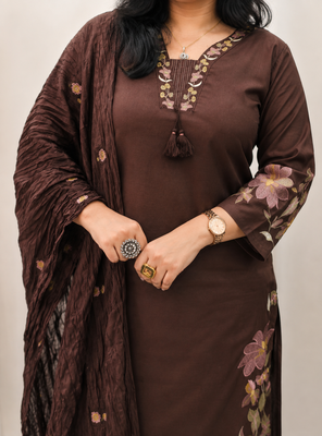 chocolate brown cutwork floral embroidered cotton straight kurta pant dupatta suit set 4