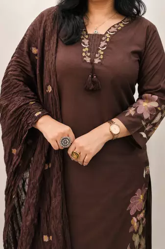 chocolate brown cutwork floral embroidered cotton straight kurta pant dupatta suit set
