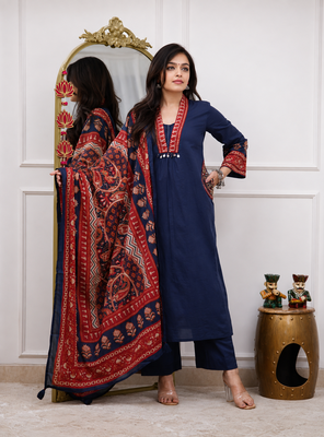 indigo blue ajrakh print cotton straight kurta pant dupatta suit set 5