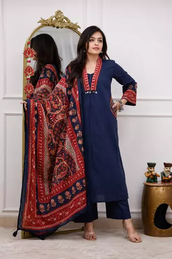 indigo blue ajrakh print cotton straight kurta pant dupatta suit set