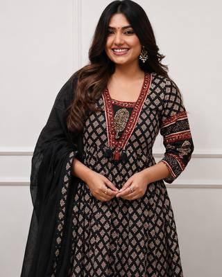 black and maroon ajrakh block print cotton flared anarkali kurta set with dupatta 4