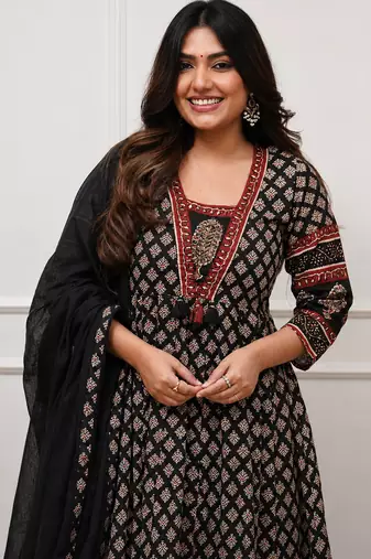 black and maroon ajrakh block print cotton flared anarkali kurta set with dupatta