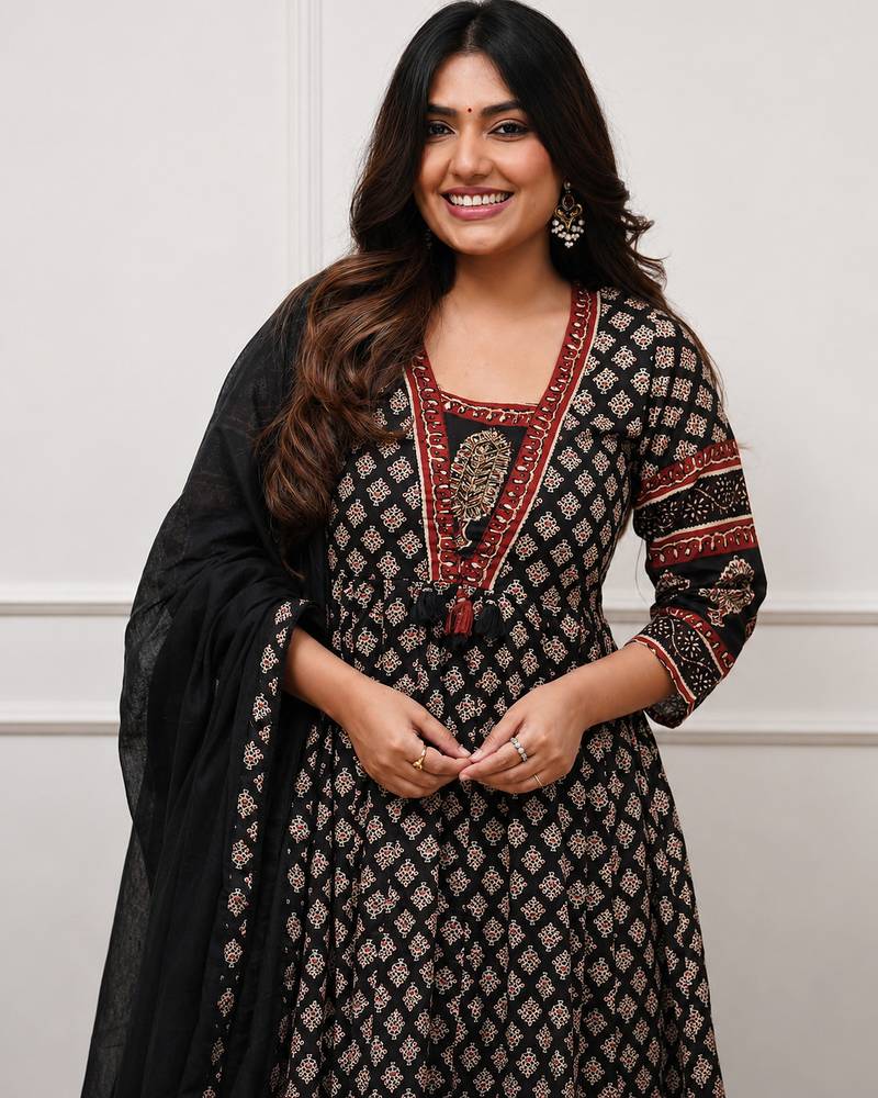 black and maroon ajrakh block print cotton flared anarkali kurta set with dupatta