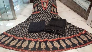 black and maroon ajrakh block print cotton flared anarkali kurta set with dupatta 5