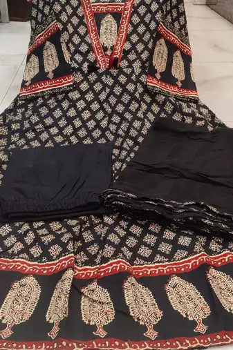 black and maroon ajrakh block print cotton flared anarkali kurta set with dupatta