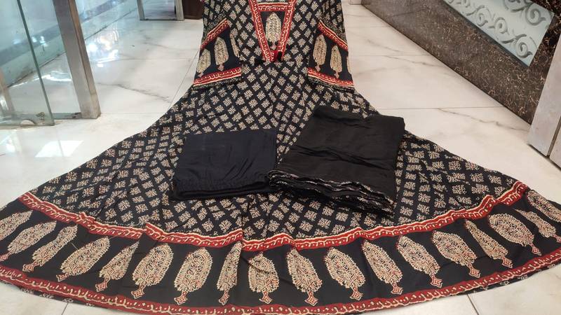 black and maroon ajrakh block print cotton flared anarkali kurta set with dupatta