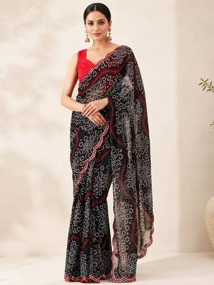 Black bandhani printed saree with mirror work & cutwork border 1