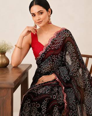 Black bandhani printed saree with mirror work & cutwork border 2