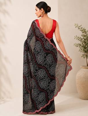 Black bandhani printed saree with mirror work & cutwork border 3