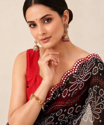 Black bandhani printed saree with mirror work & cutwork border 5