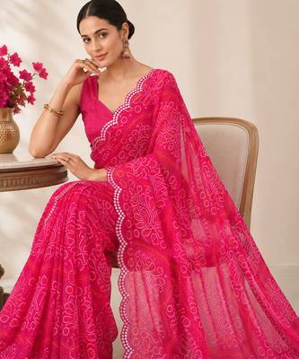 Pink bandhani printed saree with mirror work & cutwork border 2