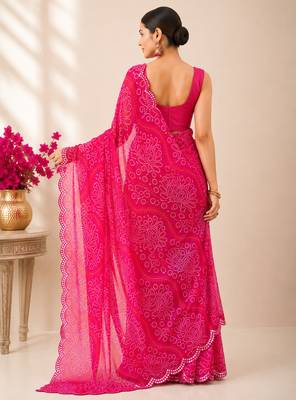 Pink bandhani printed saree with mirror work & cutwork border 3