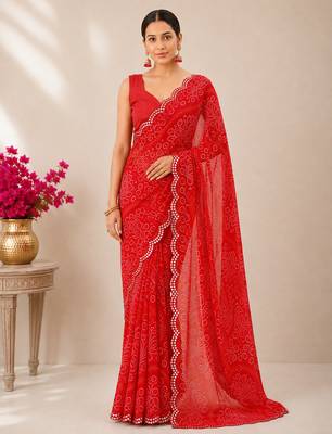 Red bandhani printed saree with mirror work & cutwork border 1