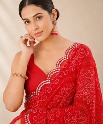 Red bandhani printed saree with mirror work & cutwork border 2