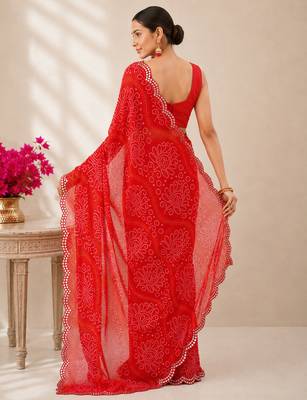 Red bandhani printed saree with mirror work & cutwork border 3