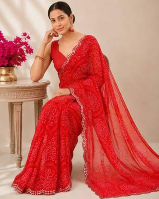 Red bandhani printed saree with mirror work & cutwork border 4