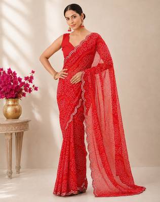 Red bandhani printed saree with mirror work & cutwork border 5