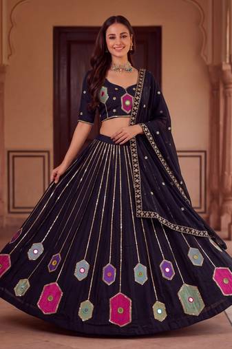 BLACK RAYON PARTY WEAR EMBROIDERY NAVRATRI LEHENGA CHOLI FOR STITCHED FREE SIZE 40 TO 44 