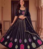 BLACK RAYON PARTY WEAR EMBROIDERY NAVRATRI LEHENGA CHOLI FOR STITCHED FREE SIZE 40 TO 44 