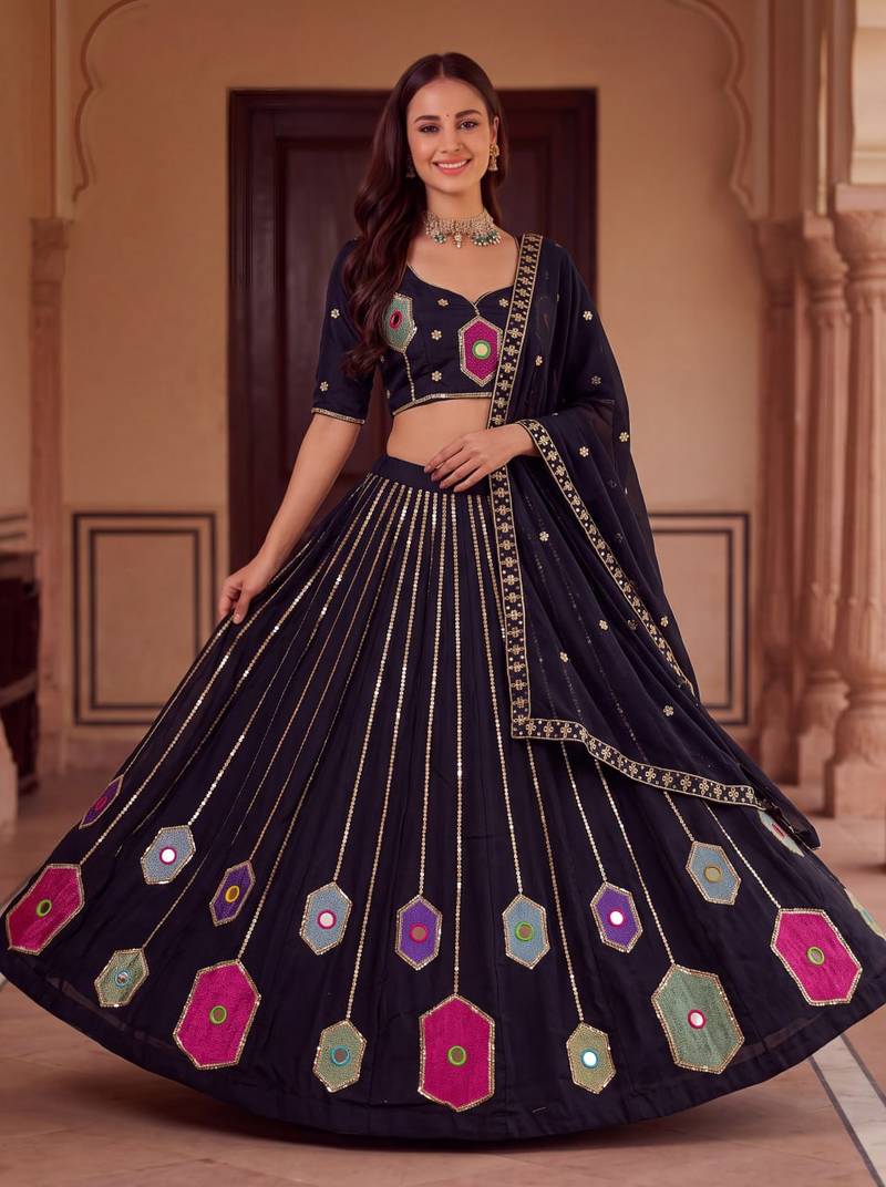 BLACK RAYON PARTY WEAR EMBROIDERY NAVRATRI LEHENGA CHOLI FOR STITCHED FREE SIZE 40 TO 44 