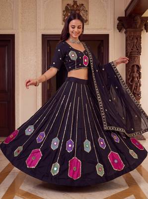 BLACK RAYON PARTY WEAR EMBROIDERY NAVRATRI LEHENGA CHOLI FOR STITCHED FREE SIZE 40 TO 44  2