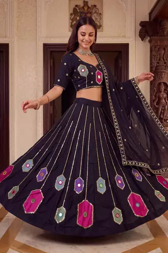 BLACK RAYON PARTY WEAR EMBROIDERY NAVRATRI LEHENGA CHOLI FOR STITCHED FREE SIZE 40 TO 44 