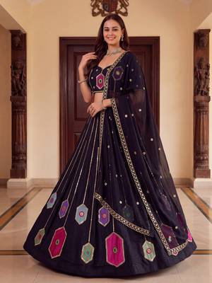 BLACK RAYON PARTY WEAR EMBROIDERY NAVRATRI LEHENGA CHOLI FOR STITCHED FREE SIZE 40 TO 44  3