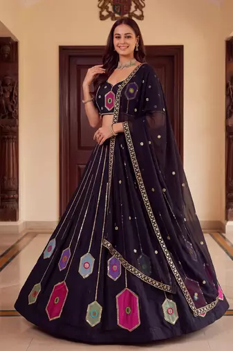 BLACK RAYON PARTY WEAR EMBROIDERY NAVRATRI LEHENGA CHOLI FOR STITCHED FREE SIZE 40 TO 44 