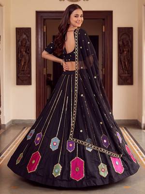 BLACK RAYON PARTY WEAR EMBROIDERY NAVRATRI LEHENGA CHOLI FOR STITCHED FREE SIZE 40 TO 44  5