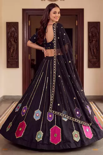 BLACK RAYON PARTY WEAR EMBROIDERY NAVRATRI LEHENGA CHOLI FOR STITCHED FREE SIZE 40 TO 44 