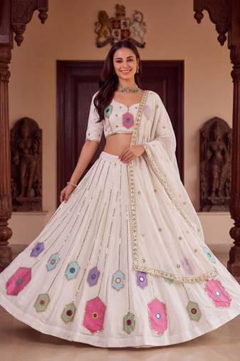 WHITE  RAYON PARTY WEAR EMBROIDERY NAVRATRI LEHENGA CHOLI FOR STITCHED FREE SIZE 40 TO 44