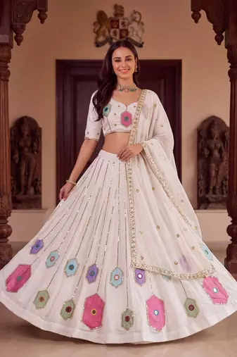 WHITE  RAYON PARTY WEAR EMBROIDERY NAVRATRI LEHENGA CHOLI FOR STITCHED FREE SIZE 40 TO 44