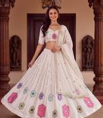 WHITE  RAYON PARTY WEAR EMBROIDERY NAVRATRI LEHENGA CHOLI FOR STITCHED FREE SIZE 40 TO 44