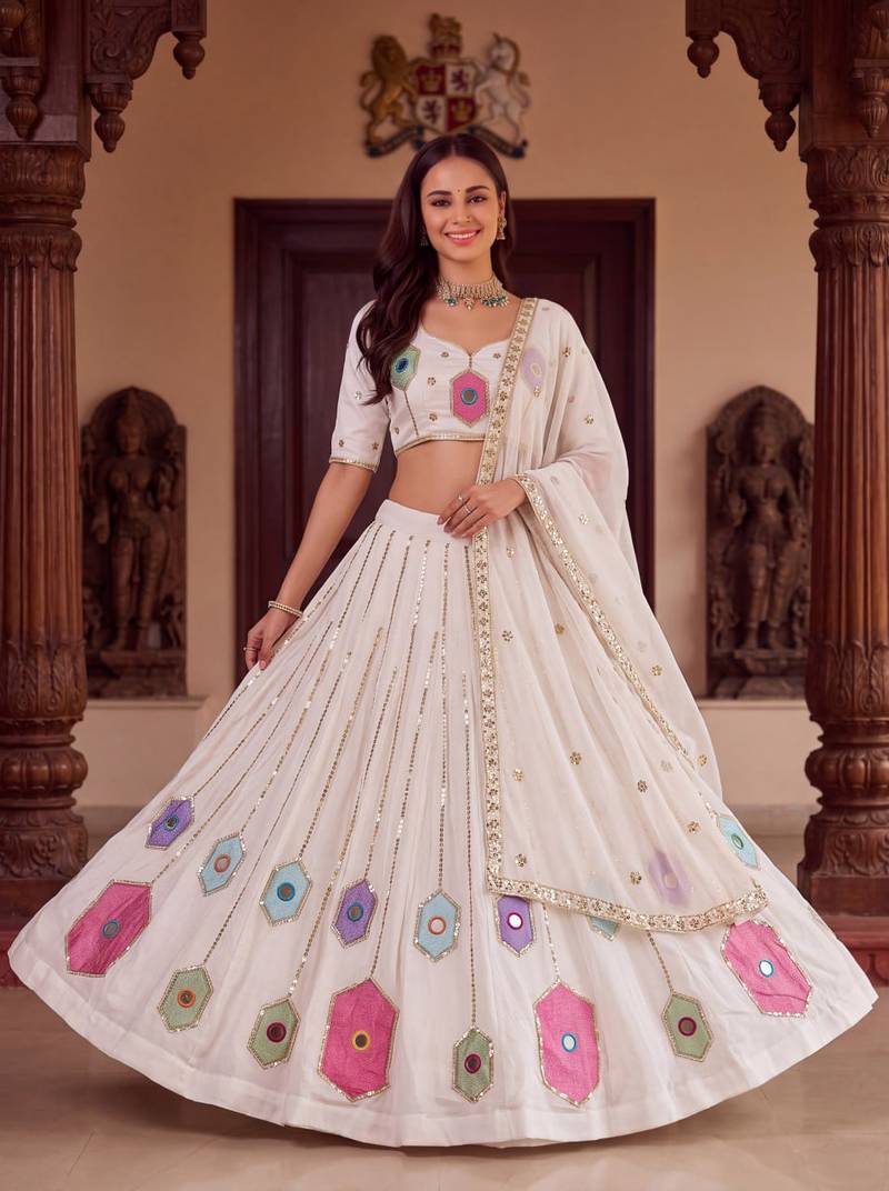 WHITE  RAYON PARTY WEAR EMBROIDERY NAVRATRI LEHENGA CHOLI FOR STITCHED FREE SIZE 40 TO 44
