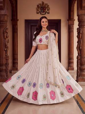 WHITE  RAYON PARTY WEAR EMBROIDERY NAVRATRI LEHENGA CHOLI FOR STITCHED FREE SIZE 40 TO 44 2