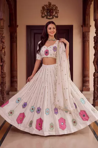 WHITE  RAYON PARTY WEAR EMBROIDERY NAVRATRI LEHENGA CHOLI FOR STITCHED FREE SIZE 40 TO 44