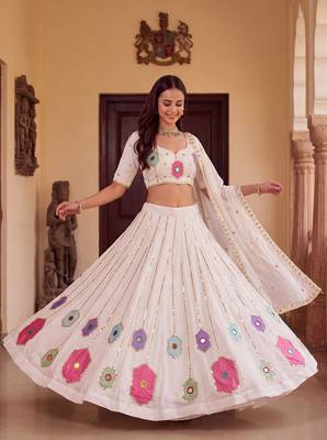 WHITE  RAYON PARTY WEAR EMBROIDERY NAVRATRI LEHENGA CHOLI FOR STITCHED FREE SIZE 40 TO 44 3