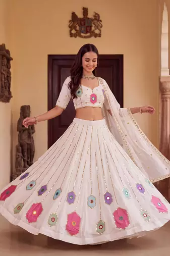 WHITE  RAYON PARTY WEAR EMBROIDERY NAVRATRI LEHENGA CHOLI FOR STITCHED FREE SIZE 40 TO 44