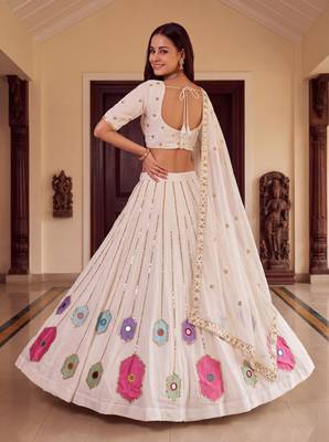 WHITE  RAYON PARTY WEAR EMBROIDERY NAVRATRI LEHENGA CHOLI FOR STITCHED FREE SIZE 40 TO 44 5
