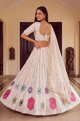 WHITE  RAYON PARTY WEAR EMBROIDERY NAVRATRI LEHENGA CHOLI FOR STITCHED FREE SIZE 40 TO 44