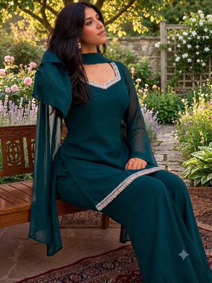 Women teal georgette bell sleeve kurta with flared sharara & dupatta set 3