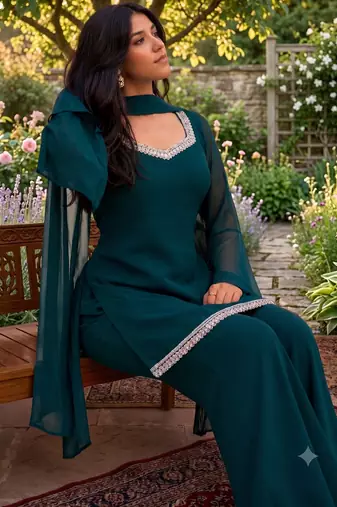 Women teal georgette bell sleeve kurta with flared sharara & dupatta set
