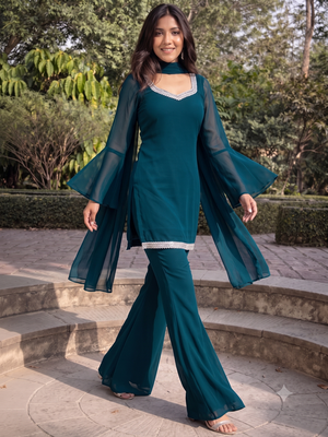 Women teal georgette bell sleeve kurta with flared sharara & dupatta set 1