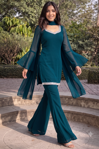 Women teal georgette bell sleeve kurta with flared sharara & dupatta set