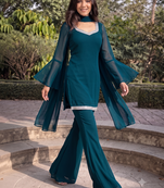 Women teal georgette bell sleeve kurta with flared sharara & dupatta set