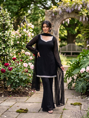 Women black georgette bell sleeve kurta with flared sharara & dupatta set 1